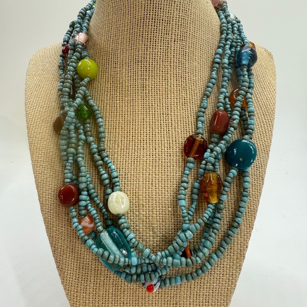 Six Strand About Color Indonesia Glass Beaded Necklace Turquoise & Multi Color